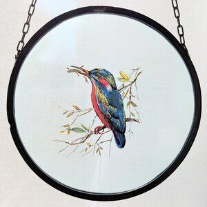 Vintage 1980s Kingfisher Bird Glass Sun Catcher Round Clear Glass Light Catcher